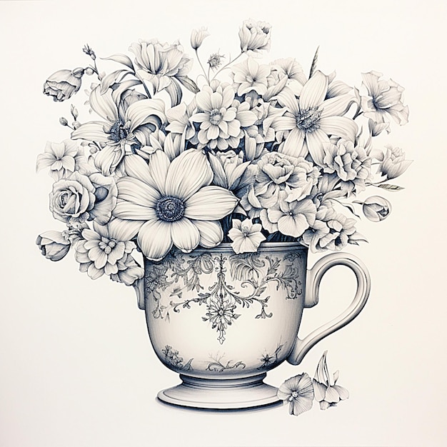 Photo a drawing of flowers and a cup