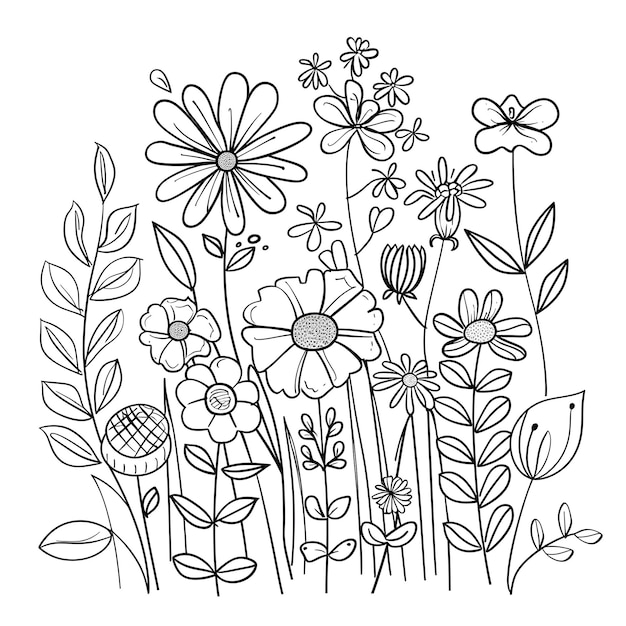 검은색과 색의 배경으로 꽃과 풀의 그림