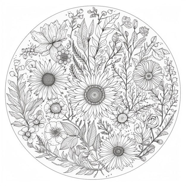 A drawing of flowers and leaves in a circle.