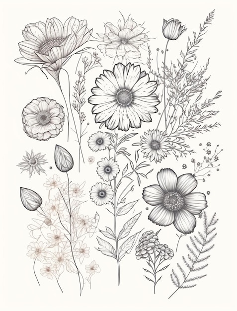 A drawing of flowers and leaves.