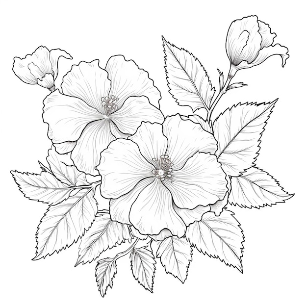 Photo a drawing of flowers that are drawn on a white background.