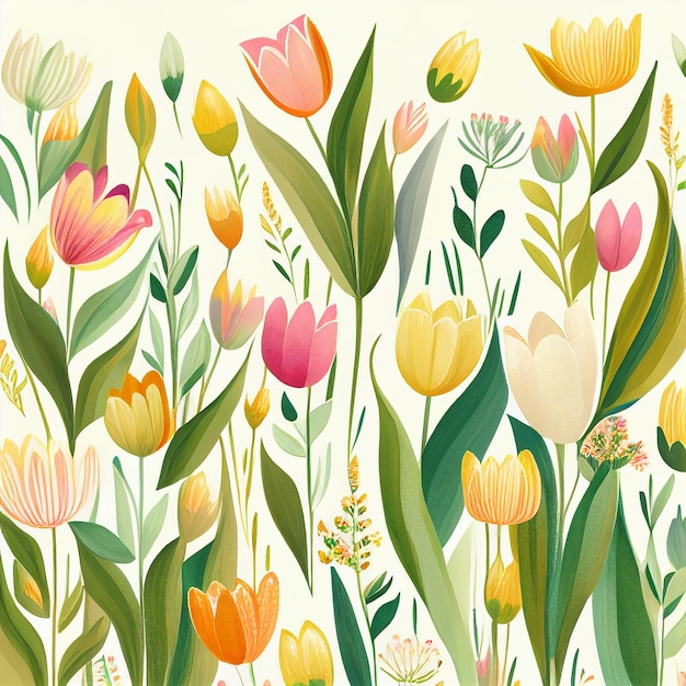 Drawing flowers tulips several pieces background flat style Generative AI