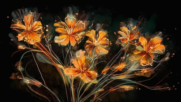 Drawing flowers watercolor On a black background Generative AI