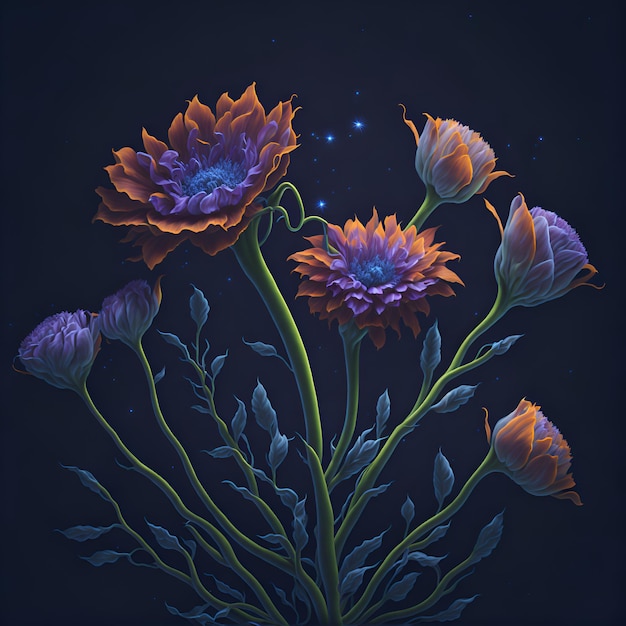 Рисунок цветов с синими и оранжевыми цветами на темном фоне.