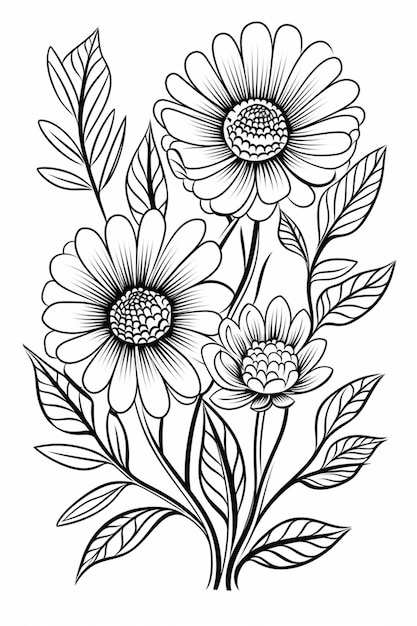 A drawing of flowers with leaves and flowers on a white background generative ai