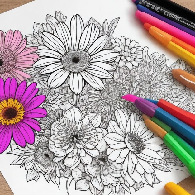 Foto un disegno di fiori con una matita e una matita.