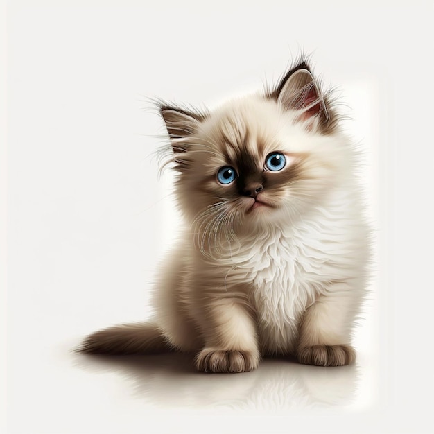 A drawing of a fluffy kitten with blue eyes.