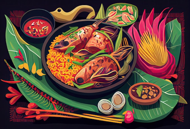 A drawing of food including fish and noodles.