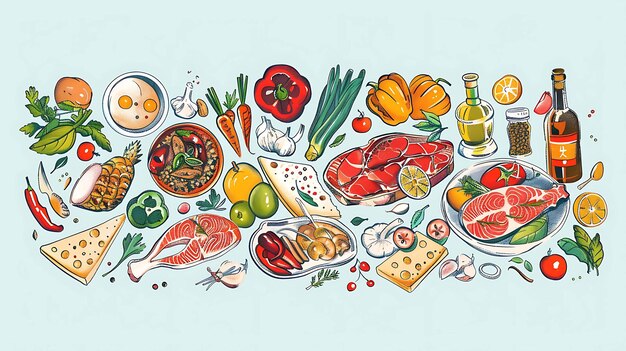 Photo a drawing of food including vegetables and fruits and vegetables