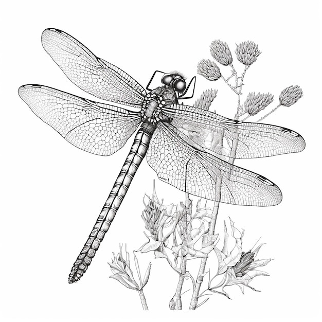 Фото Рисунок для окраски большой стрекозы на цветке крупным планом черно-белая иллюстрация