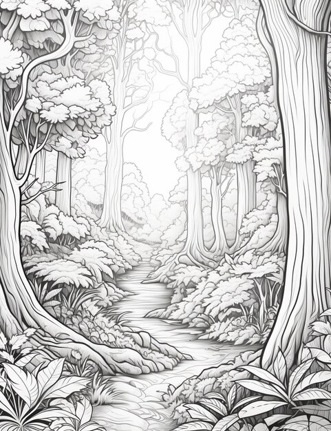 Photo a drawing of a forest scene with a stream and trees generative ai