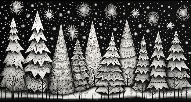 Фото Рисуя лесные деревья снежинки блестящая атмосфера имбирный хлеб люди продажи звезды блестящие