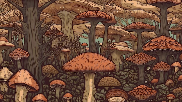 A drawing of a forest with a large red mushroom in the center.