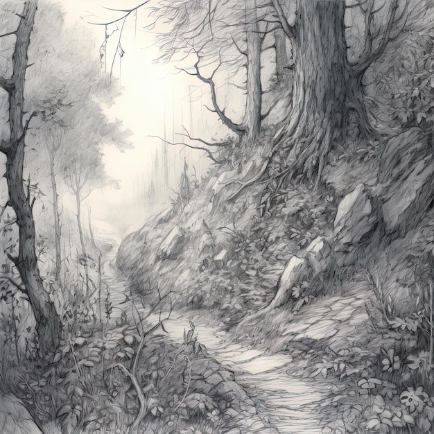 a drawing of a forest with a man on it