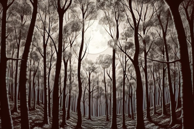 A drawing of a forest with the moon in the background.