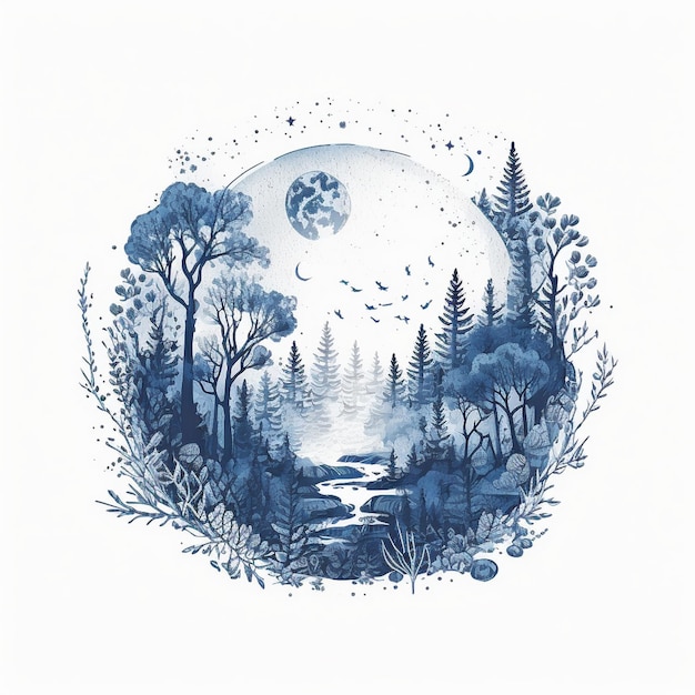 A drawing of a forest with a moon and trees on it