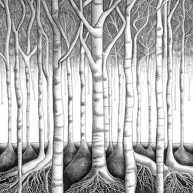 A drawing of a forest with the roots of the tree.