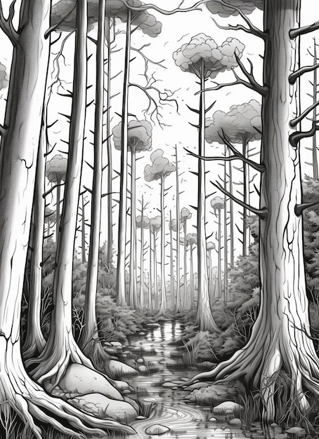 a drawing of a forest with a stream running through it generative ai