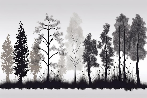 A drawing of a forest with trees in the background.