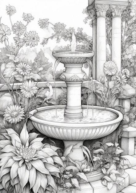 Photo a drawing of a fountain surrounded by flowers and a stone bench generative ai