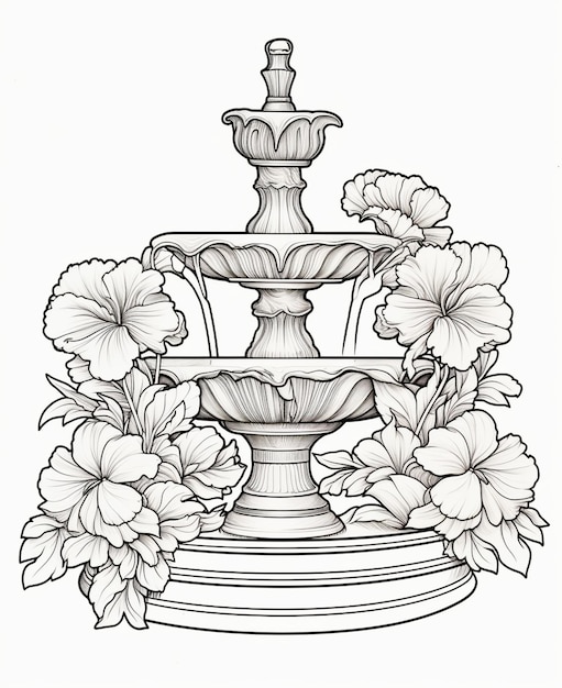 a drawing of a fountain with flowers and a bird on top generative ai