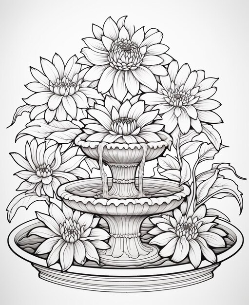 a drawing of a fountain with flowers in it generative ai