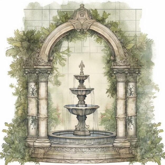 a drawing of a fountain with a fountain head and a fountain in the middle generative ai