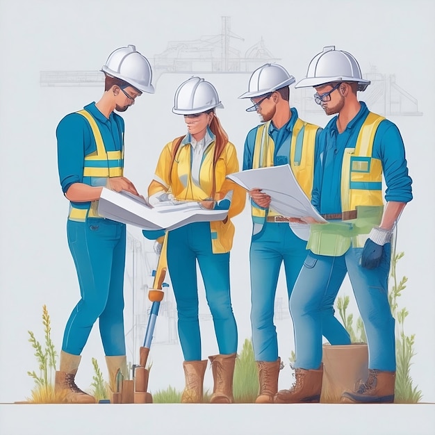 A drawing of four people with hard hats and blue vests to celebrate happy labor day