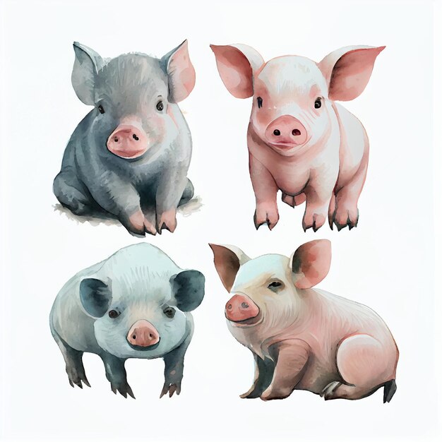白い背景に 4 頭の豚の絵。