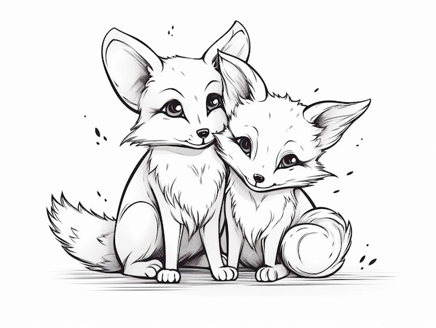 Drawing of a fox and a cat sitting next to each other generative ai