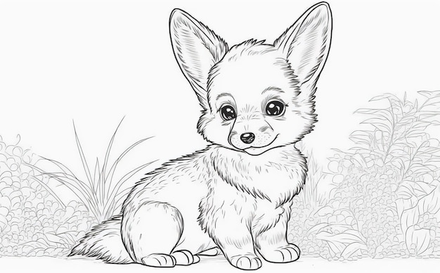 A drawing of a fox dog with a black and white background, skecth for coloring book