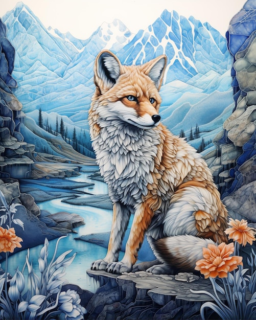 Drawing of Fox in the Mountains