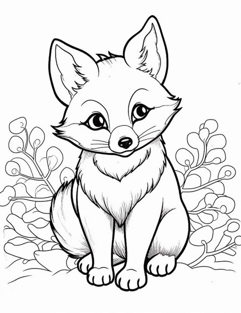 Photo a drawing of a fox sitting in the grass with flowers generative ai