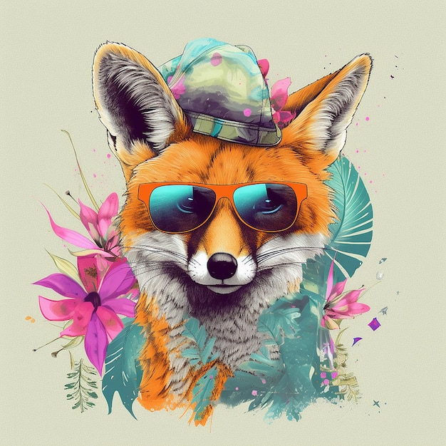 A drawing of a fox wearing a hat and sunglasses.