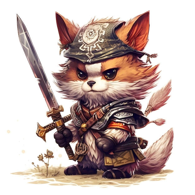 A drawing of a fox with a sword and a helmet.