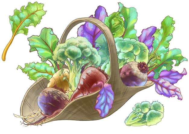 Рисование свежих овощей в корзине