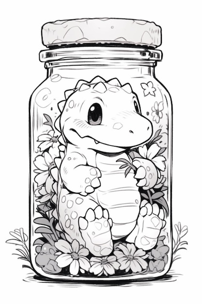 a drawing of a frog in a jar with flowers generative ai