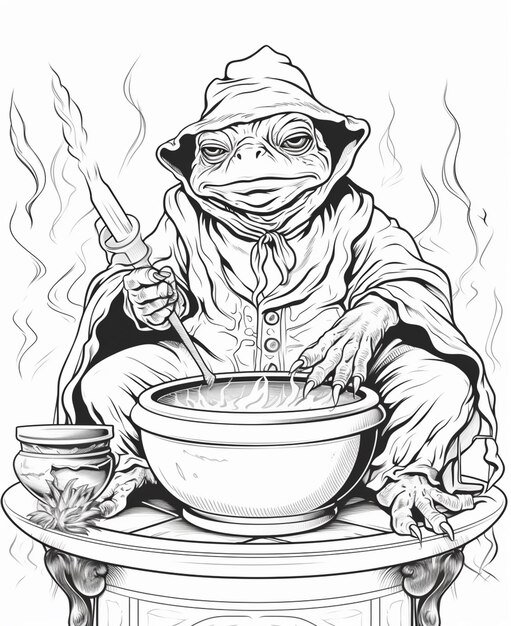 a drawing of a frog sitting at a table with a bowl of soup generative ai