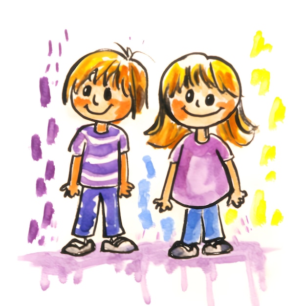 Photo a drawing from a kid which represents a boy in pants side to side to a girl in dress coloful childi