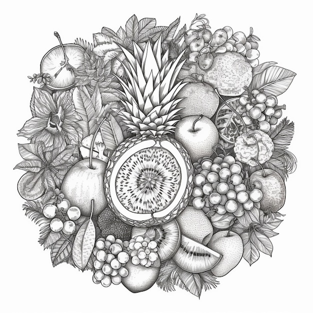 A drawing of a fruit and leaves with the word " pomegranate " on it.