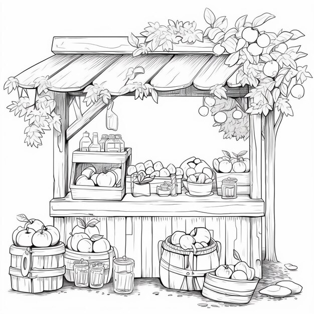 Premium AI Image  a coloring page of a farmers market with vegetables  generative ai