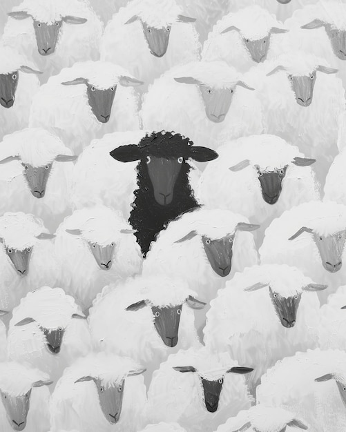 Photo a drawing full of white sheeps with one black sheep in the middle