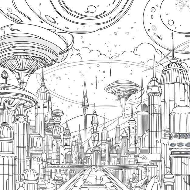 Photo a drawing of a futuristic city with a clock tower and a clock tower generative ai