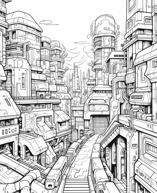 A drawing of a futuristic city with a train going through it generative ai