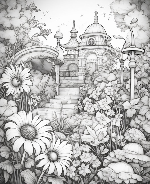 A drawing of a garden with flowers and a castle in the background generative ai