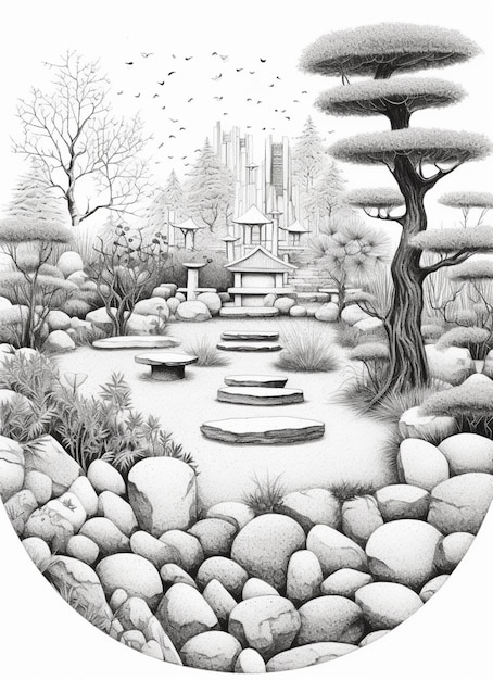 A drawing of a garden with a fountain and trees generative ai