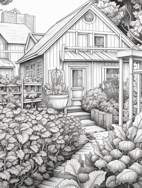 A drawing of a garden with a house and a garden generative ai