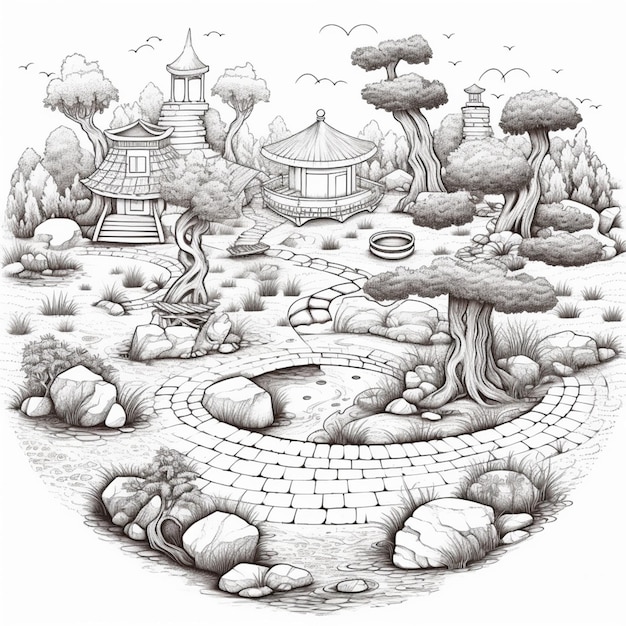 A drawing of a garden with a path and a pagoda generative ai