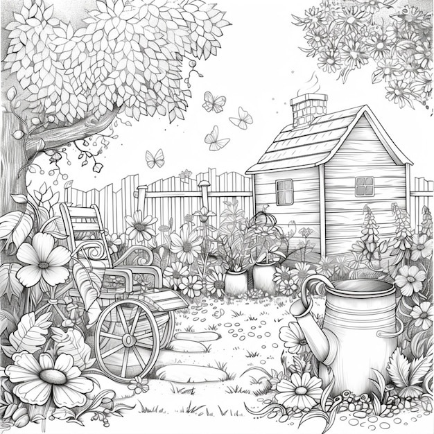 a drawing of a garden with a tree and a house in the background