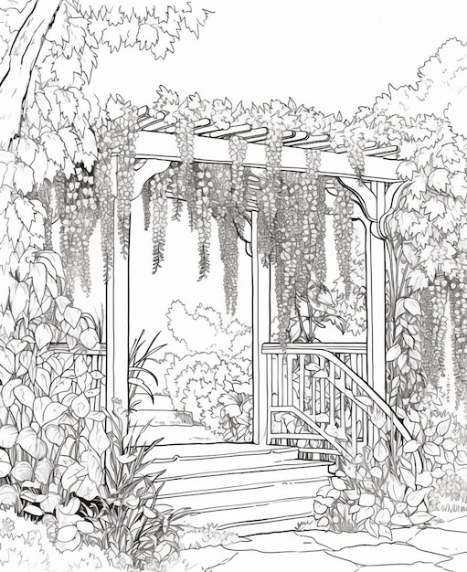 A drawing of a garden with vines hanging over it.